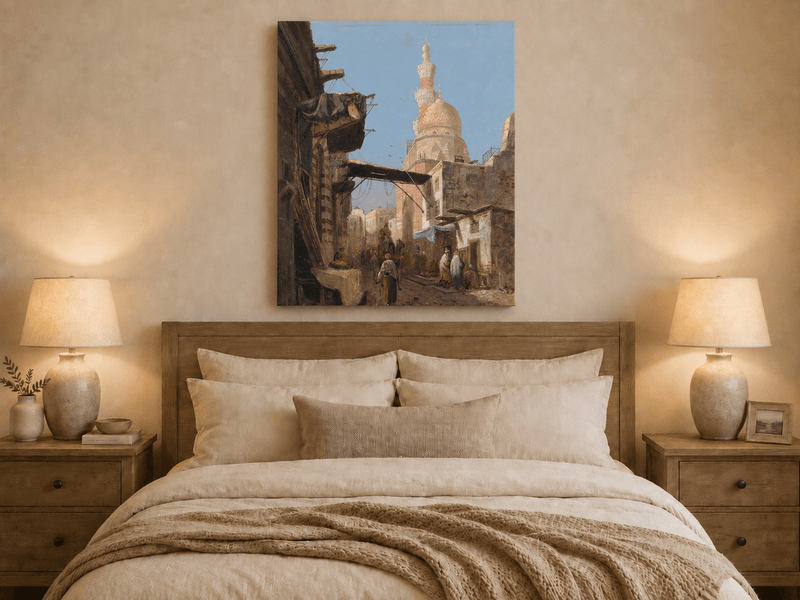 Landscape Oil Painting - Cairo Street Mosque and Market Scene