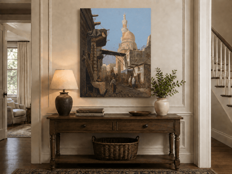 Landscape Oil Painting - Cairo Street Mosque and Market Scene