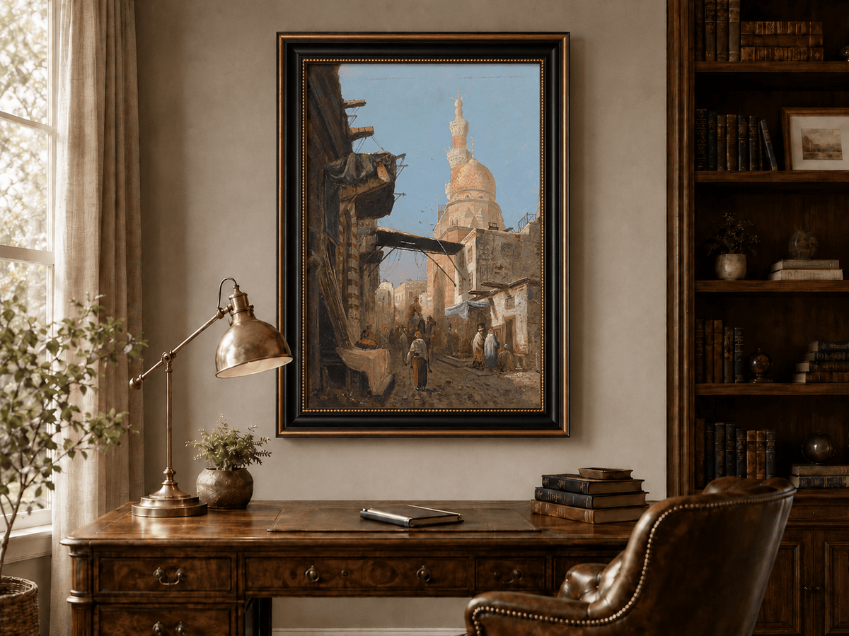 Landscape Oil Painting - Cairo Street Mosque and Market Scene