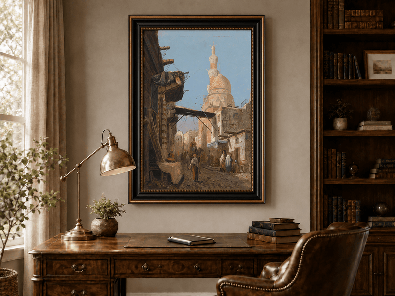 Landscape Oil Painting - Cairo Street Mosque and Market Scene