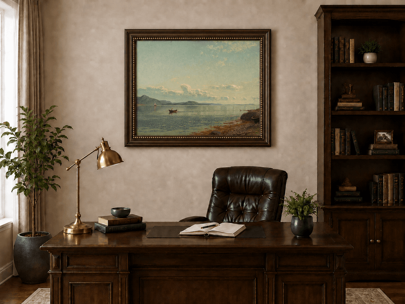 Landscape Oil Painting - Calm Coastal Water Rowboat at Sunset