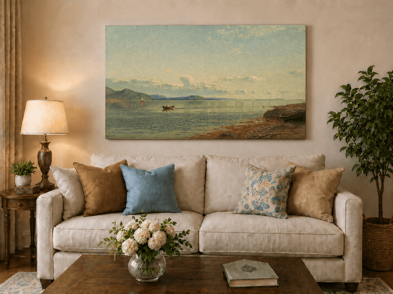 Landscape Oil Painting - Calm Coastal Water Rowboat at Sunset