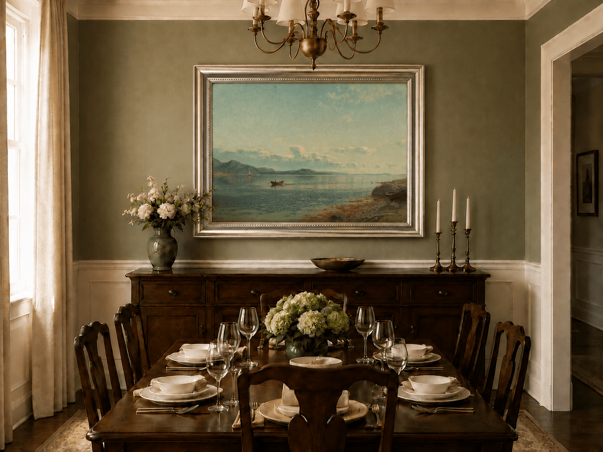 Landscape Oil Painting - Calm Coastal Water Rowboat at Sunset