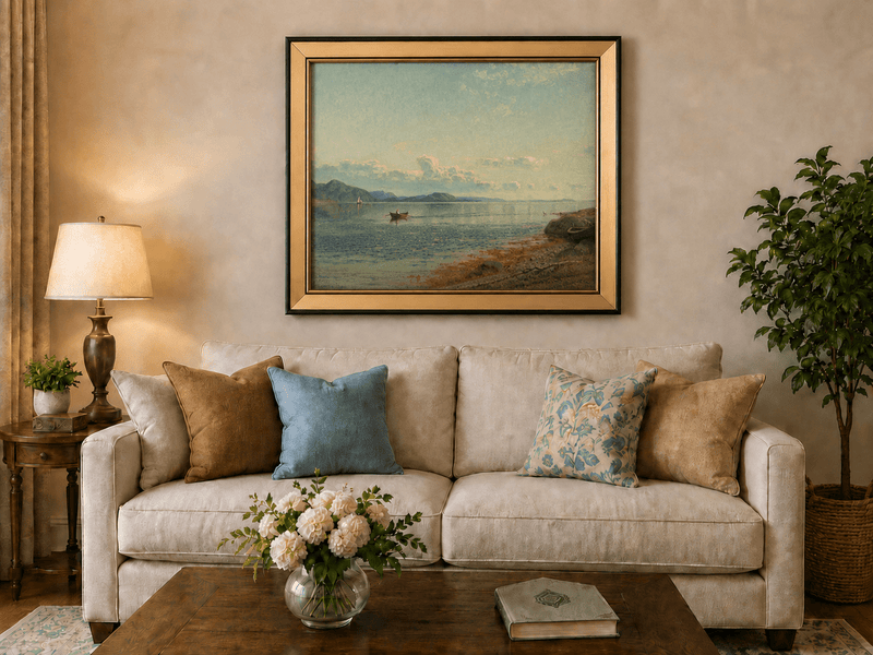 Landscape Oil Painting - Calm Coastal Water Rowboat at Sunset
