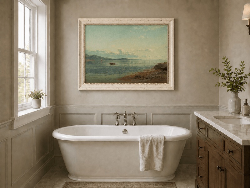 Landscape Oil Painting - Calm Coastal Water Rowboat at Sunset