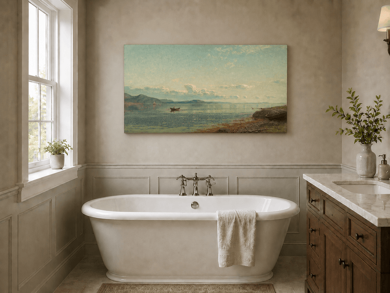 Landscape Oil Painting - Calm Coastal Water Rowboat at Sunset
