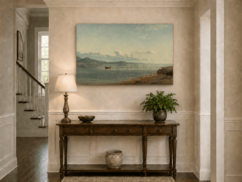 Landscape Oil Painting - Calm Coastal Water Rowboat at Sunset