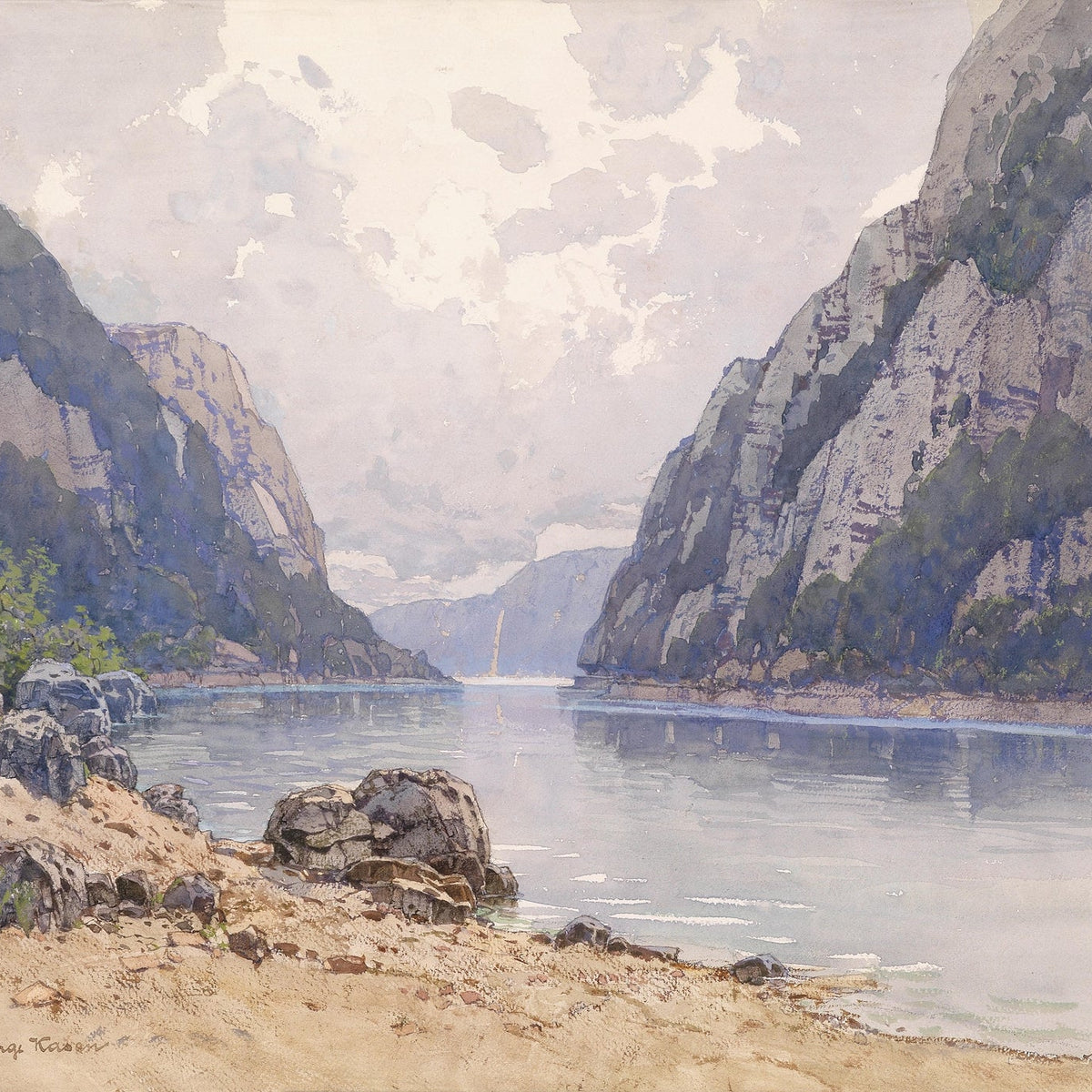 Hand-painted calm fjord between rocky mountain cliffs landscape oil painting on canvas