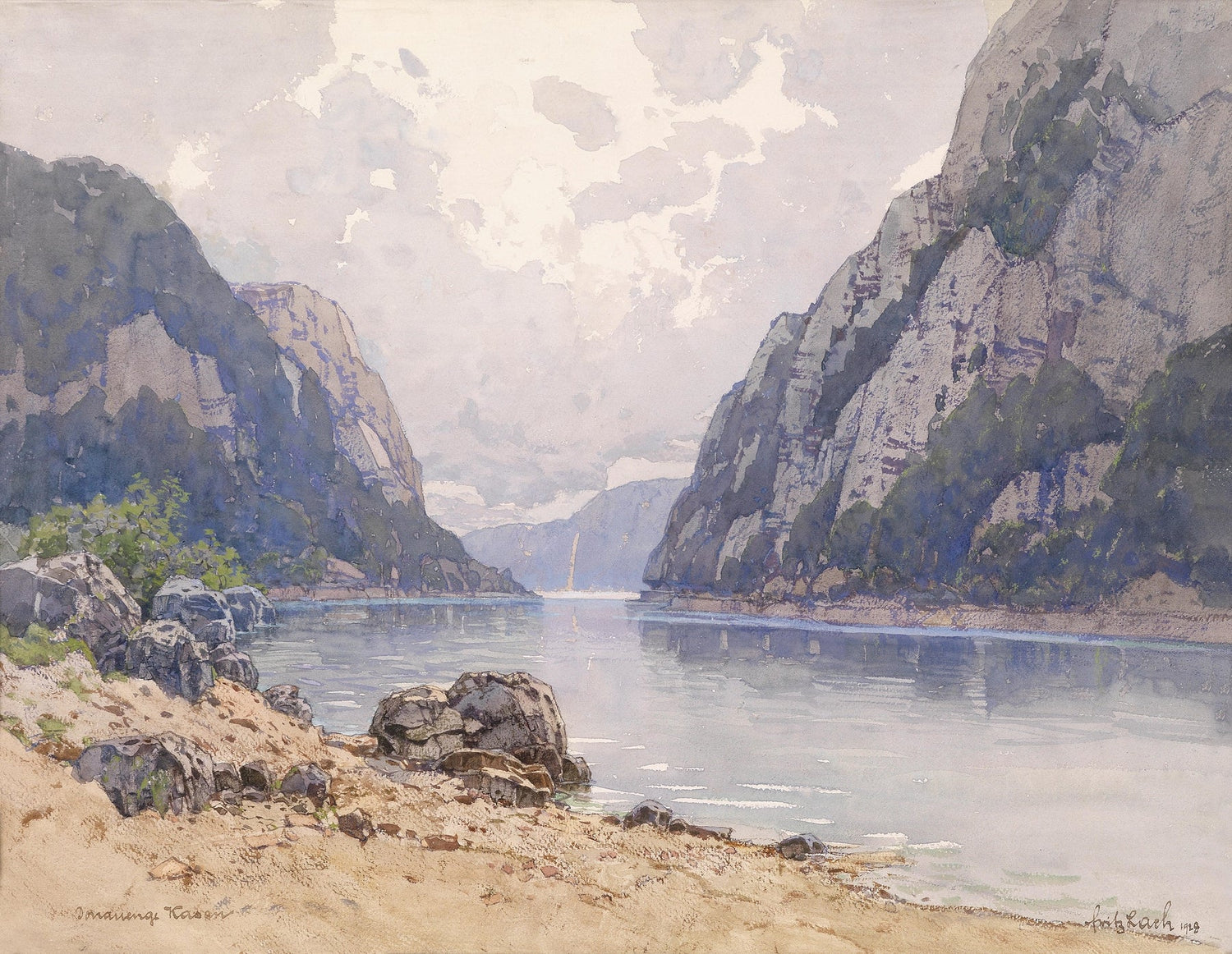 Landscape Oil Painting - Calm Fjord Between Rocky Mountain Cliffs - Oil Painting Haven