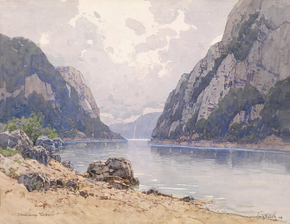 Hand-painted calm fjord between rocky mountain cliffs landscape oil painting on canvas