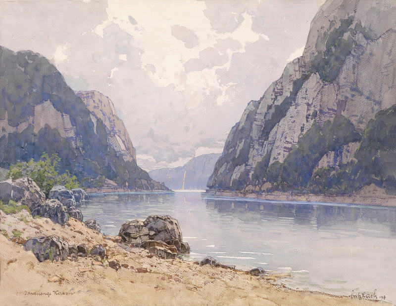 Hand-painted calm fjord between rocky mountain cliffs landscape oil painting on canvas