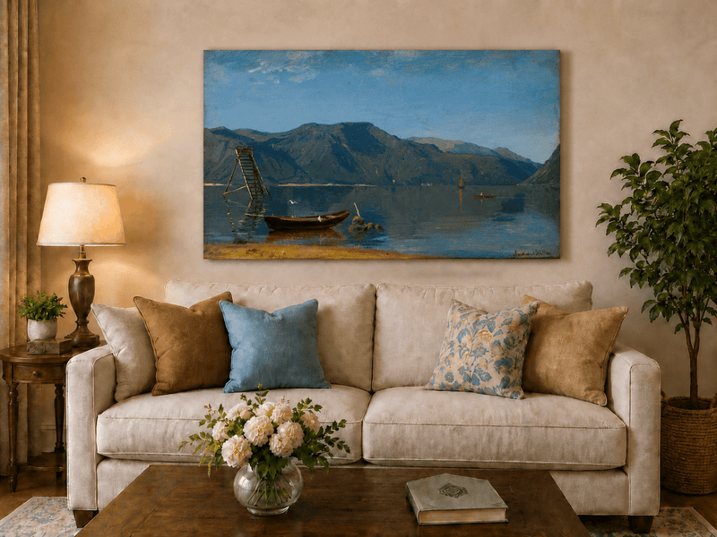 Landscape Oil Painting - Calm Mountain Lake with Small Boats