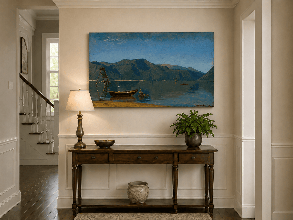 Landscape Oil Painting - Calm Mountain Lake with Small Boats