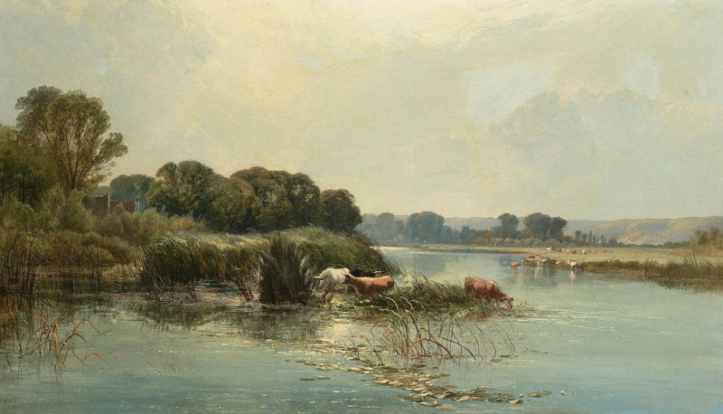 Hand-painted calm riverside with grazing cattle landscape oil painting on canvas