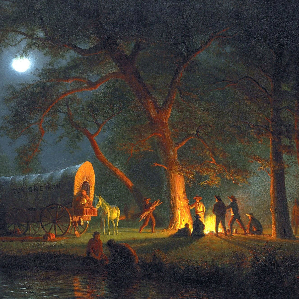Peinture à l'huile de paysage - Feu de camp au clair de lune