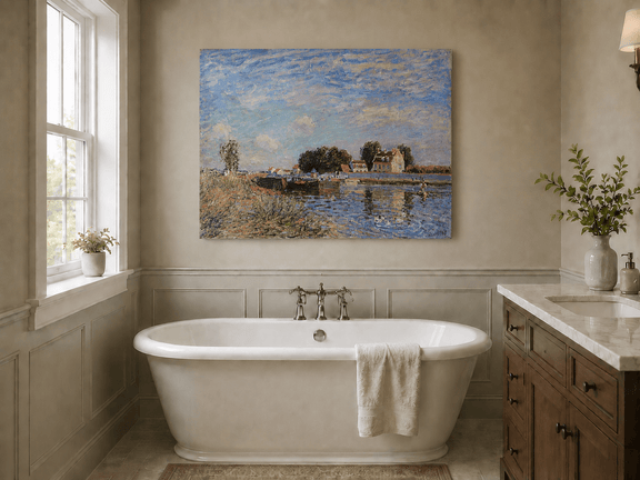 Canal at Saint-Mammes with bridge landscape oil painting presented as styled home decor.