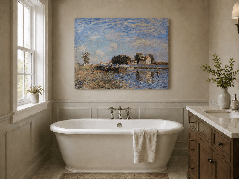 Canal at Saint-Mammes with bridge landscape oil painting presented as styled home decor.