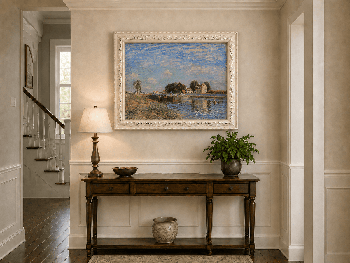 Saint-Mammes canal and bridge hand-painted oil artwork shown as home wall decor.