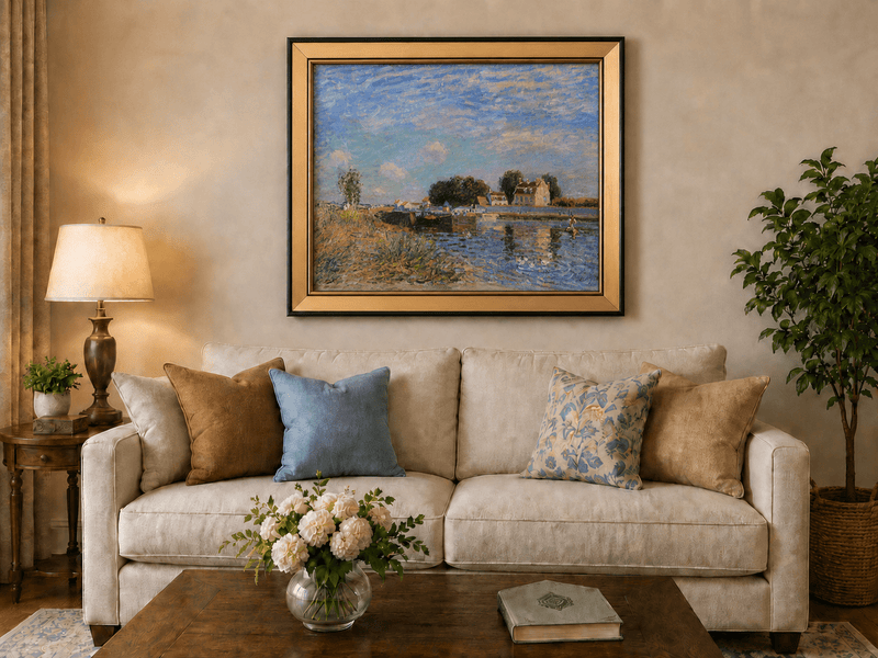 Canal at Saint-Mammes with bridge landscape oil painting displayed in a styled home interior.
