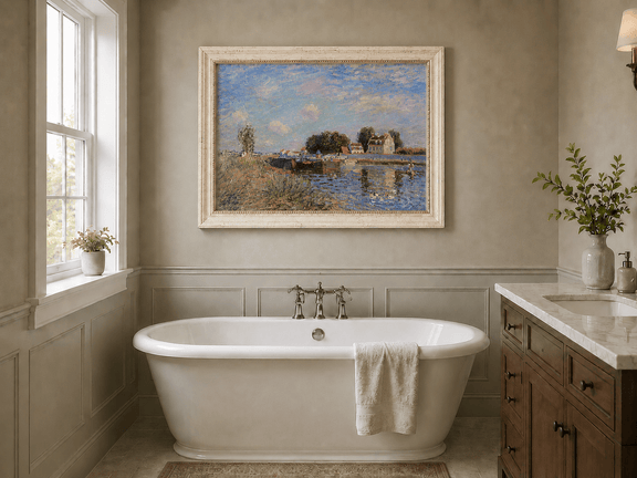 Canal and bridge landscape oil painting presented as interior home decor.