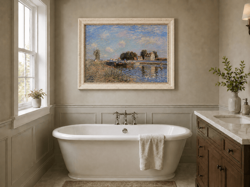 Canal and bridge landscape oil painting presented as interior home decor.