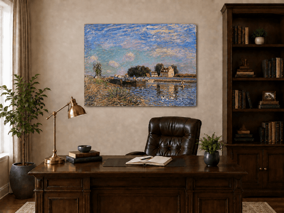 Interior wall art view featuring the canal at Saint-Mammes with bridge oil painting.