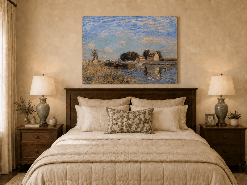 Saint-Mammes canal oil painting displayed as landscape wall decor.