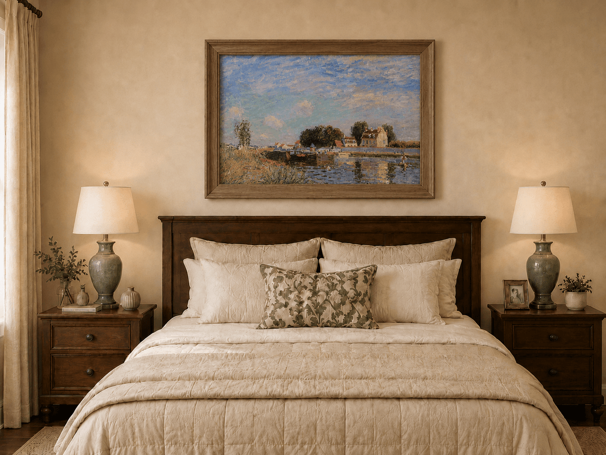 Hand-painted Saint-Mammes canal with bridge displayed as decorative wall art.
