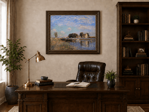 Village canal at Saint-Mammes with bridge landscape oil painting presented in an interior wall art mockup.