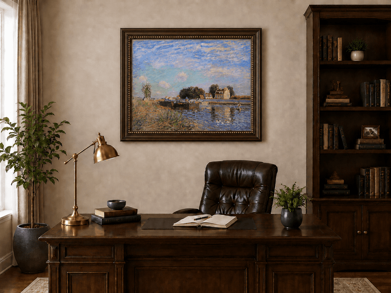 Village canal at Saint-Mammes with bridge landscape oil painting presented in an interior wall art mockup.