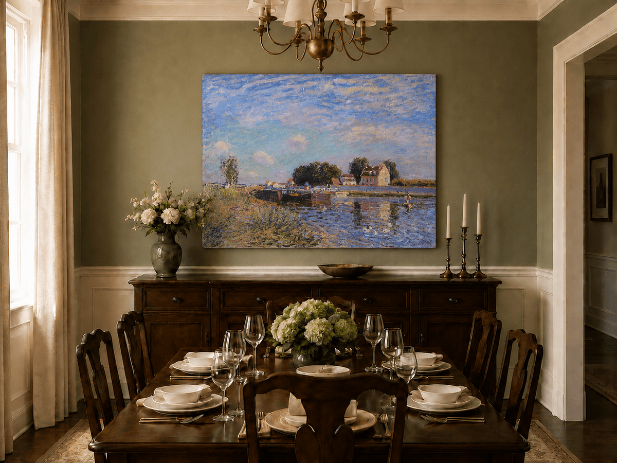 Hand-painted village canal and bridge landscape artwork in an interior display.