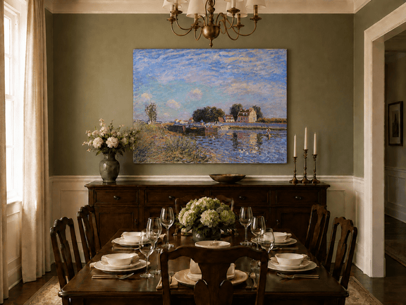 Hand-painted village canal and bridge landscape artwork in an interior display.