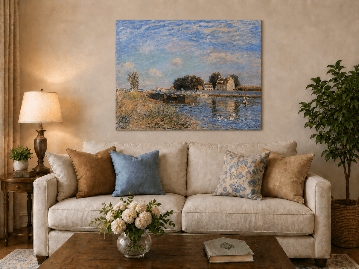 Saint-Mammes village canal hand-painted oil artwork displayed in a second interior view.