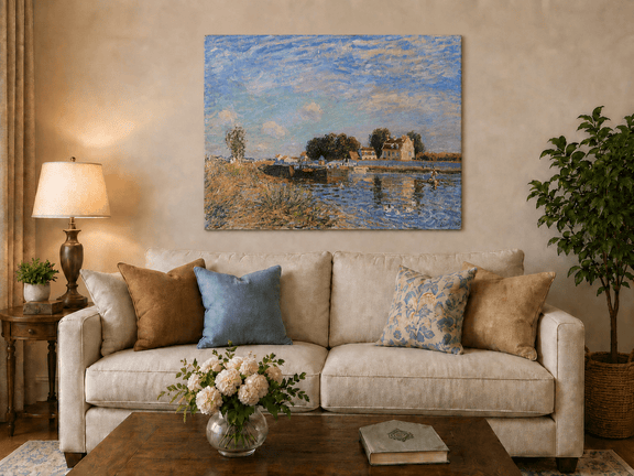 Saint-Mammes village canal hand-painted oil artwork displayed in a second interior view.