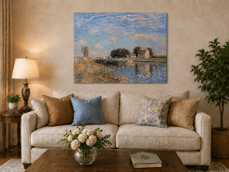 Saint-Mammes village canal hand-painted oil artwork displayed in a second interior view.