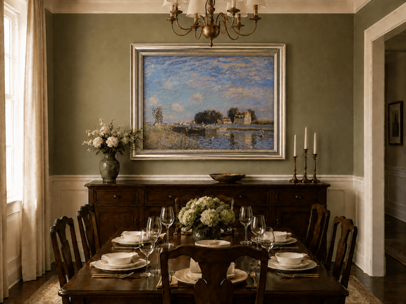 Saint-Mammes canal and village bridge oil landscape artwork shown in a styled home interior.