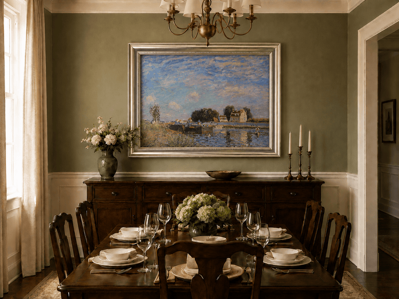 Saint-Mammes canal and village bridge oil landscape artwork shown in a styled home interior.