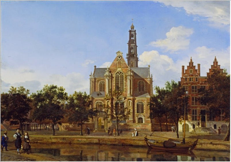 Hand-painted canal church and moored boat scene landscape oil painting on canvas