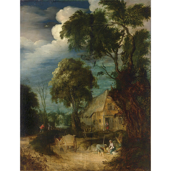 Hand-painted canal cottage with tall riverside trees landscape oil painting on canvas