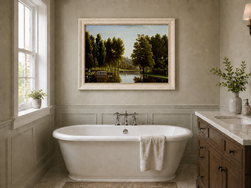 Hand-painted canal garden with boat, swans and figures landscape oil painting displayed in a bathroom interior above a bathtub.