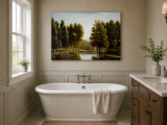 Hand-painted canal garden with boat, swans and figures landscape oil painting displayed in a bathroom interior above a bathtub.