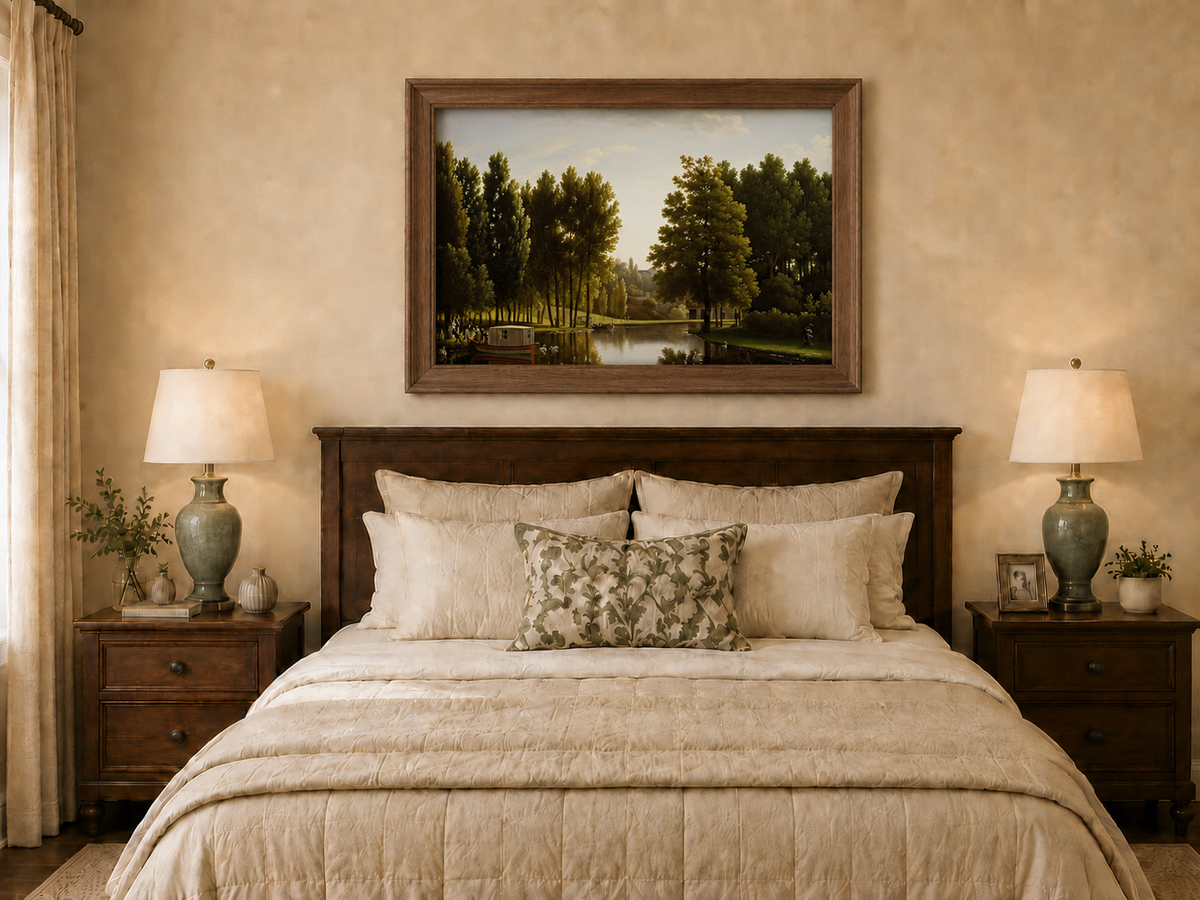 Hand-painted canal garden with boat, swans and figures landscape oil painting displayed above a bed in a bedroom interior.
