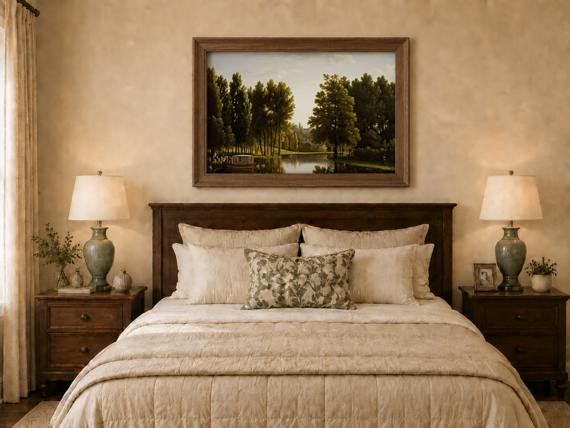 Hand-painted canal garden with boat, swans and figures landscape oil painting displayed above a bed in a bedroom interior.