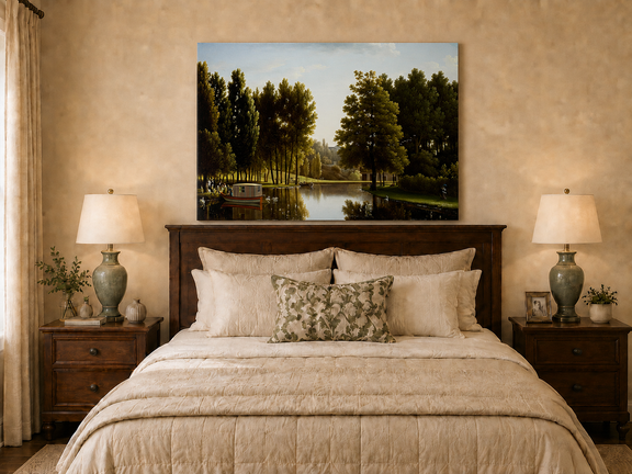 Hand-painted canal garden with boat, swans and figures landscape oil painting displayed above a bed in a bedroom interior.
