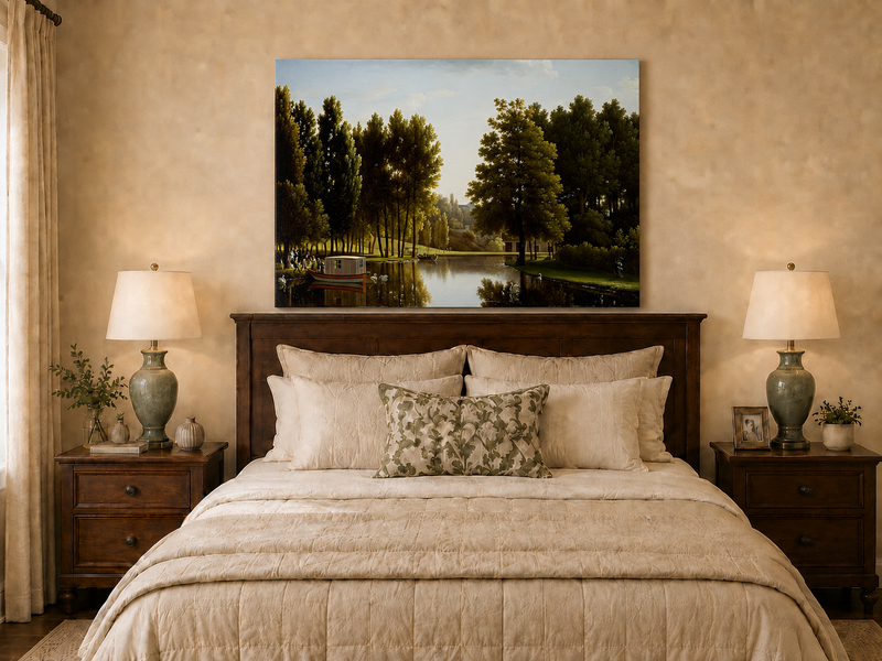 Hand-painted canal garden with boat, swans and figures landscape oil painting displayed above a bed in a bedroom interior.