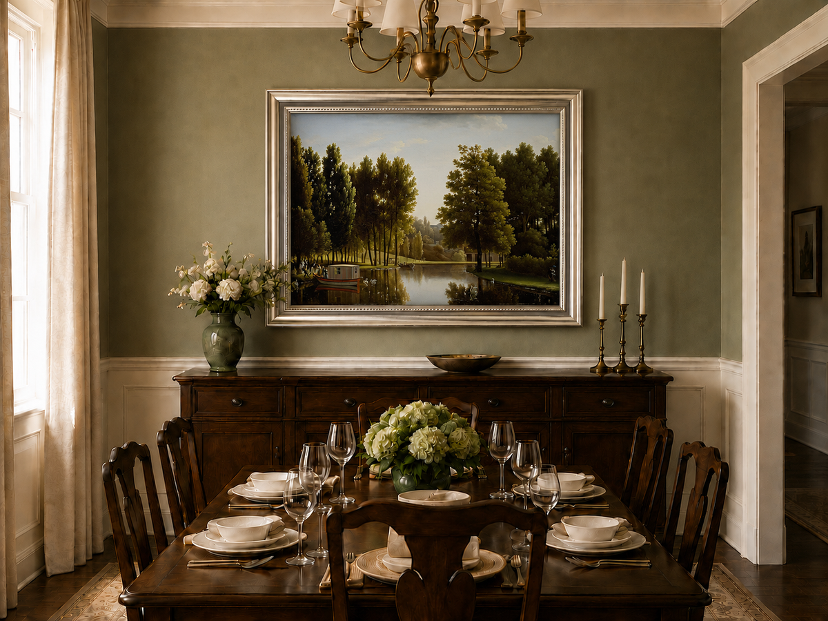 Hand-painted canal garden with boat, swans and figures landscape oil painting displayed in a dining room interior.