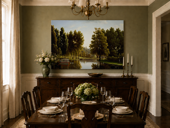 Hand-painted canal garden with boat, swans and figures landscape oil painting displayed in a dining room interior.