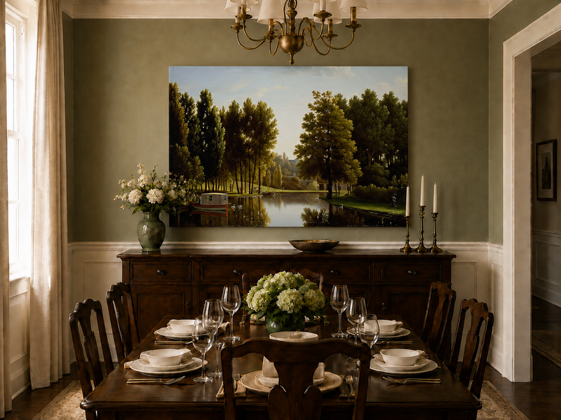Hand-painted canal garden with boat, swans and figures landscape oil painting displayed in a dining room interior.