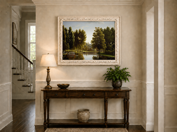 Hand-painted canal garden with boat, swans and figures landscape oil painting displayed above a console table in a hallway interior.