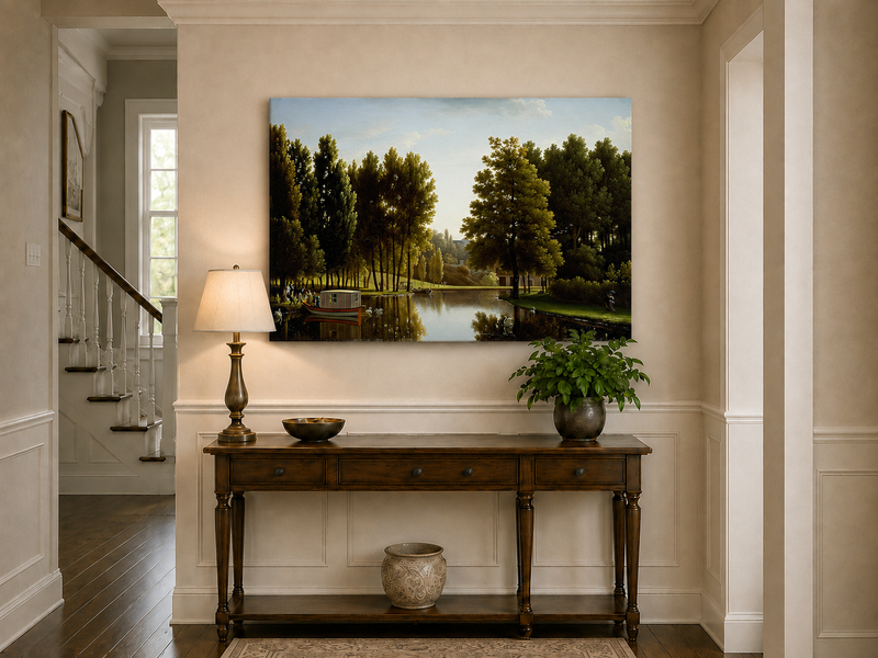 Hand-painted canal garden with boat, swans and figures landscape oil painting displayed above a console table in a hallway interior.